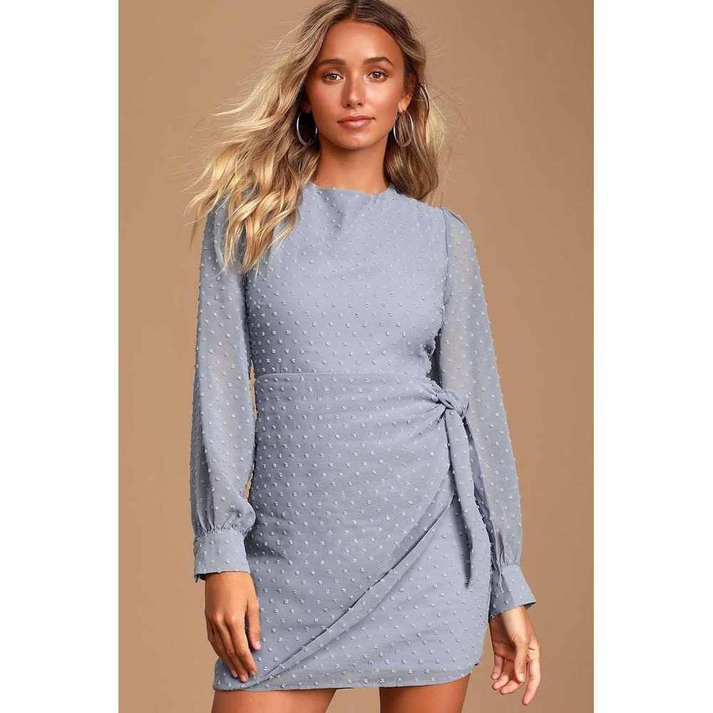 Lulus Swiss Dot Faux Wrap Long Sleeve Mini Dress Slate Blue XXS NWT